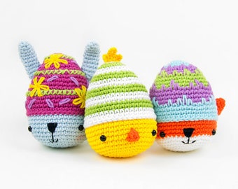 Ami-easter eggs: amigurumi bunny, chick and fox | Crochet PDF pattern | crochet Easter and Spring decoration with embroidered details