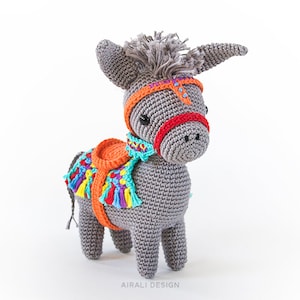Pedro the amigurumi Donkey | Crochet PDF pattern | gray donkey with striped blanket, saddle, browband and rein