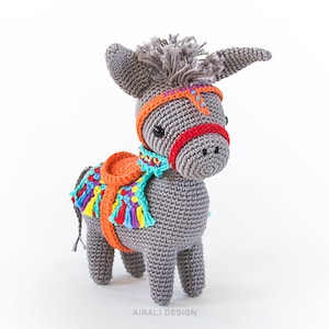 Pedro the Donkey | PDF Amigurumi Crochet pattern | gray donkey with striped blanket, saddle, browband and rein