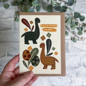 Hatching Soon - Dino - Dinosaur Baby Shower Card - Cute Dinos - New Baby - Cute illustration - Soderlightful