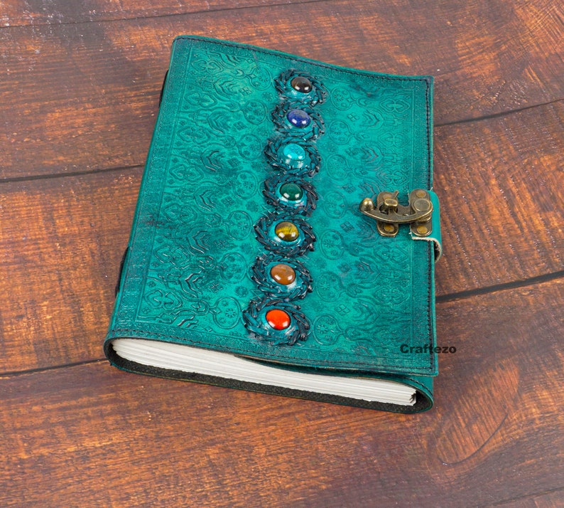 Large 7 Stone Leather Journal With Lock Grimoire Journal Etsy