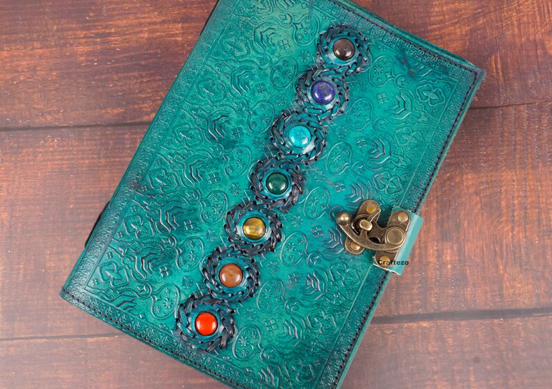 Large 7 Stone Leather Journal With Lock Grimoire Journal Etsy
