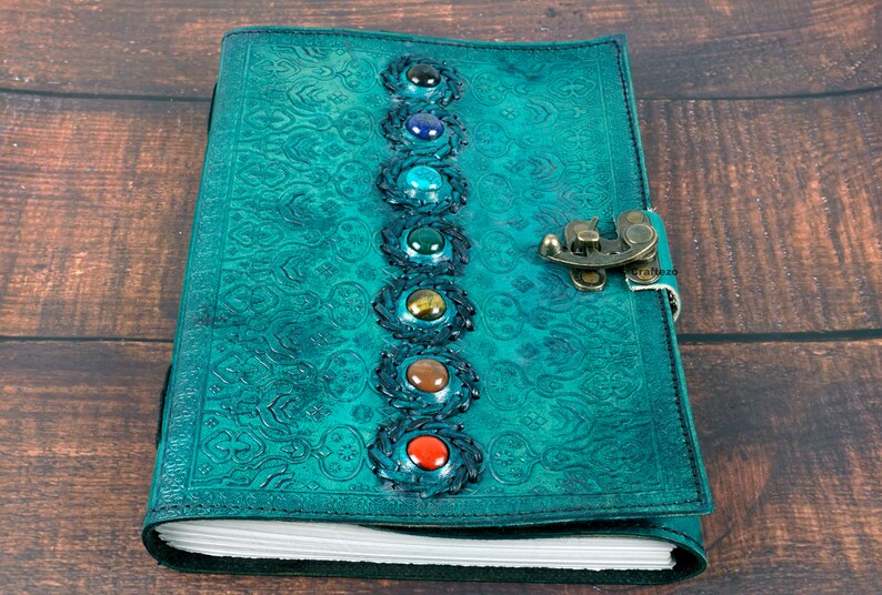 Large 7 Stone Leather Journal With Lock Grimoire Journal Etsy