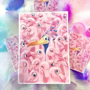 Kevin & Flamands roses - carte postale pailletée