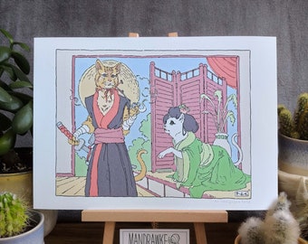 Samurai Cat & Geisha Cat A4 Print: Japanese History Fantasy Art