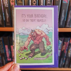 Zyklop Geburtstag Geschenk Karte A6 by Manpulle Cartoon Fantasy Monster Griechischer Mythos Mythologie Pink Niedliche Schaf Illustration Zeichnung
