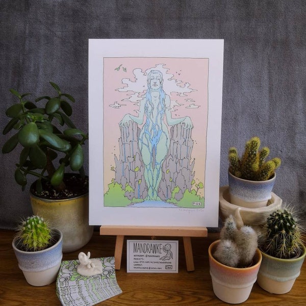 Source Of The River Print A4 by Mandrawke Illustration Water Goddess Nature Woman Magical Gaia Fantasy Landscape Folklore Comic Art Drawing