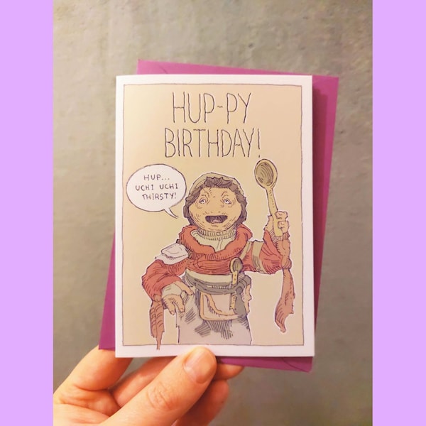 Hup-py Birthday Gift Card A6 by Mandrawke Crystal Purple Cute Fantasy Fairytale Illustration Funny Comic Fandom Wordplay Pun Pen Drawing