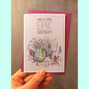 Super Epic Birthday Gift Card A6 by Mandrawke Fantasy Dungeons and Dragons RPG DnD Dragon Barbarian Adventure Greetings Illustration Drawing
