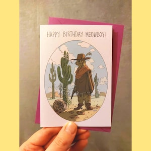 Katze Cowboy Geburtstagsgeschenk Karte A6 von Manpulle Miau Kitty Spaghetti Western Revolverheld Kaktus Feline Pussycat Grüße Illustration Zeichnung