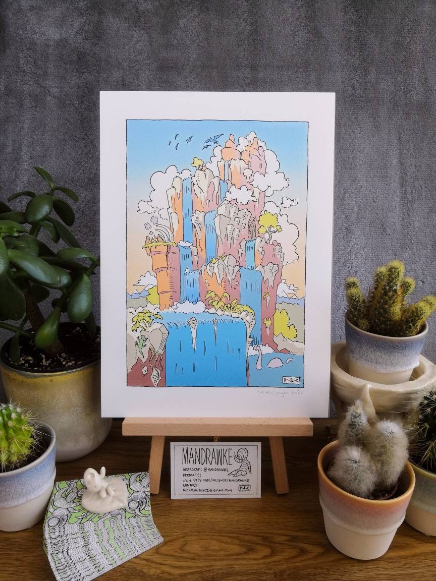 Toothy Tower Falls Print A4 Illustration by Mandrawke Dinosaur | Etsy