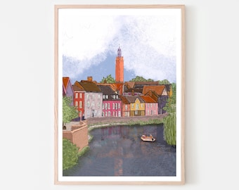 Norwich England UK Art Print “Norwich Quayside”, Norwich Print, Norwich Wall Art, Norwich Map, East Anglia, Norfolk