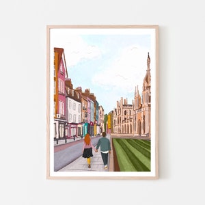 Cambridge England UK Art Print “Walk down King’s Parade”, Cambridge Print, Cambridge Wall Art, Cambridge Map, Valentine’s Day, Couple Gift