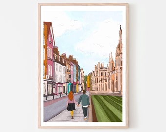 Cambridge England UK Art Print “Walk down King’s Parade”, Cambridge Print, Cambridge Wall Art, Cambridge Map, Valentine’s Day, Couple Gift