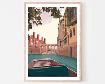 Cambridge England UK Art Print “Punting under the Bridge of Sighs”, Cambridge Print, Cambridge Wall Art, Cambridge Map, Cambridge University