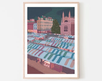 Cambridge England UK Art Print “Cambridge Market Square at Twilight”, Cambridge Wall Art, Cambridge Map, Cambridge University