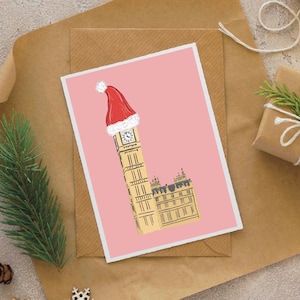 Christmas Card - Big Ben in Santa Hat at Christmas in London, Christmastime, Snow, London Scenery, Holidays
