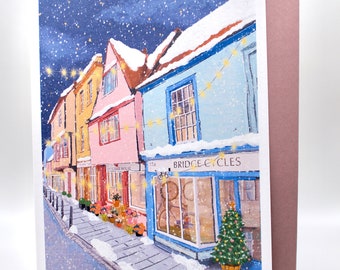 Christmas Card - Magdalene Street at Christmas in Cambridge, Christmastime, Snow, Cambridge Scenery, Holidays