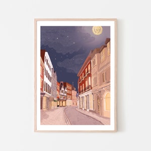 May include: A digital painting of a narrow street lined with buildings at night. The street is empty and the buildings are lit by streetlights. The sky is dark blue with a few stars and a full moon.