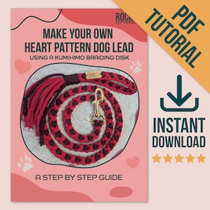 May include: A PDF tutorial on how to make a heart pattern dog lead using a Kumihimo braiding disk. The tutorial includes a step-by-step guide and a photo of the finished product.