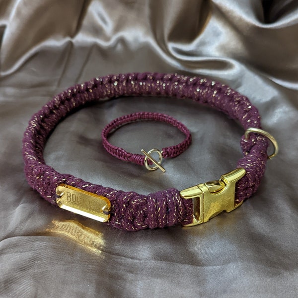 Purple Sparkle Dog Collar with Matching Friendship Bracelet for Owner, Matching Dog and Owner, Dog Lover Gift Handmade