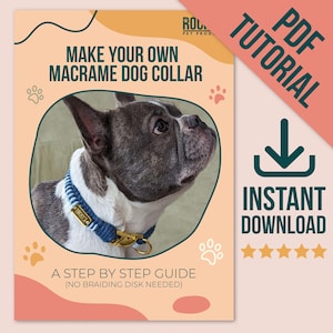 May include: A PDF tutorial for a macrame dog collar featuring a French Bulldog wearing a blue and white braided collar with a gold metal buckle and tag. The document includes the text: MAKE YOUR OWN MACRAME DOG COLLAR, A STEP BY STEP GUIDE, PDF TUTORIAL.