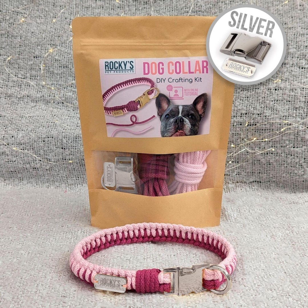 ピンクとシルバーの犬用首輪を自分で作ろう、DIY犬用首輪、マクラメ犬