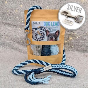 May include: DIY dog lead crafting kit with blue and white rope, a silver clasp, and instructions. The kit includes a pre-made lead with a blue and white striped design and a silver clasp. The packaging features the text "Dog Lead DIY Crafting Kit" and a picture of a French Bulldog.