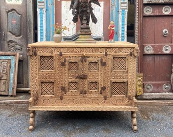 Damchiya, Carved Dowry Chest, Vintage Trunk Box, Side Table Console