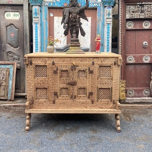 Damchiya, Carved Dowry Chest, Vintage Trunk Box, Side Table Console