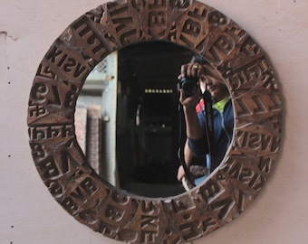 Round Wood Mirror Frame, Mirror Made From Printing Blocks, Decorative Mirror Wall Hanging
