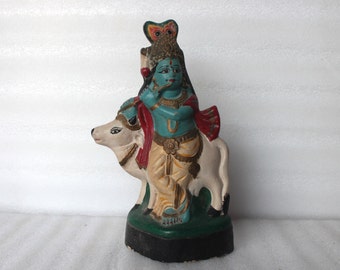 Vintage Paper-Mache Figurine Lord Krishna Playing Fluet with Cow, God Krishna Figure, Hindu God figures, old art objects
