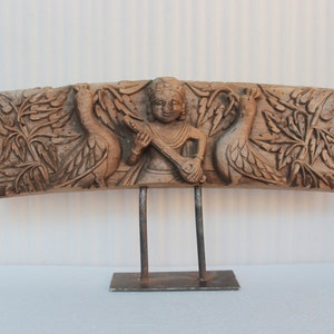 Vintage Hand Carved Hindu Goddess Wooden Panel Plaque Antique Home Decor, Indian carved teak wooden panel on Stand, Indian furniture