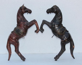 Old Vintage Leather Covered Horse Figure Pair Antique Home Decor Tableware