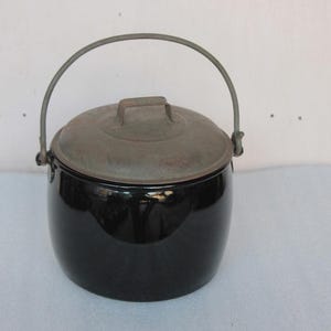 Black Enamel Cooking Pot Vintage Old Collectible Kitchenware