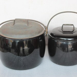 2 Pc Black Cooking Pot Decor Collectible Vintage Enamel Ware Kitchenware