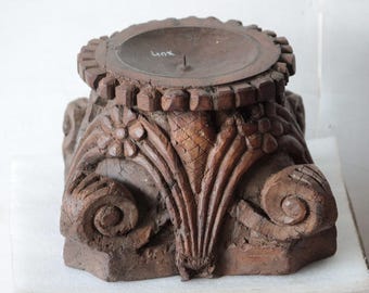 Antique Indian Teak Wood Carved Pillar Base Candle Holder