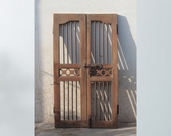 Wooden Iron Grill Gates, Vintage Indian Ventilation Door, Teak Wood Old Salvage Indian Jali Doors, Garden Gates, old shutter doors