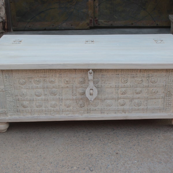 Trunk Coffee Table in White Mixed Reclaimed Wood, White Wash Indian Timber Dowry Chest,
