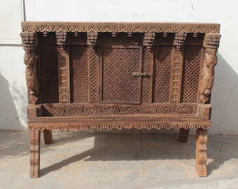 Damchiya, Carved Dowry Chest, Vintage Trunk Box, Side Table Console