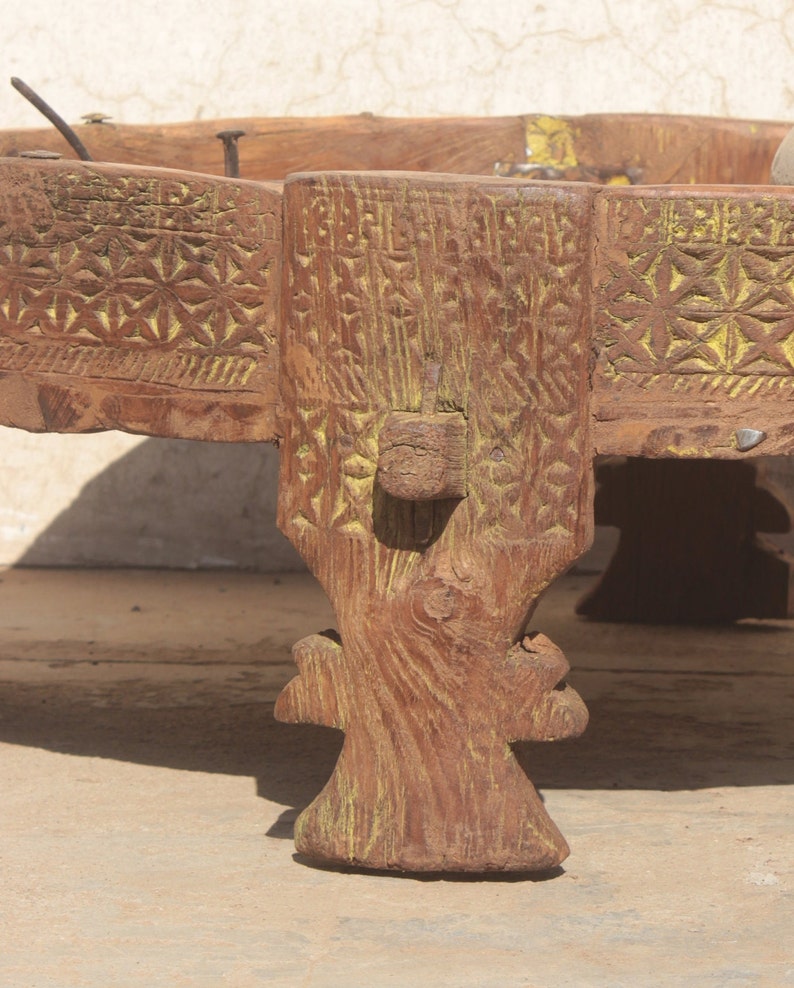 Pu&ograve; includere: Un tavolo rotondo in legno con intagli intricati e una macchia gialla. Il tavolo ha tre gambe intagliate in uno stile decorativo.