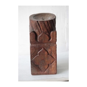 Vintage Carved Wooden Pillar 14 in. Tall Candle Holder | Farmhouse Style Candle Stand | Large Candle Stand