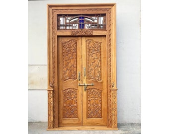 Solid Teak Wood Meticulously Handcrafted bleached  Entry Doors, Wooden Vintage Indian Door, Large carved Wall Panel, Antique Carving Doors