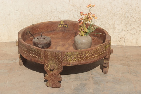 Indian Carved Chakki Table, Recycled Furniture, Coffee Table