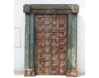 Distressed Wooden Antique Indian Door, Carved Antique Wall Decor Old Door, Ethnic Wall Screen