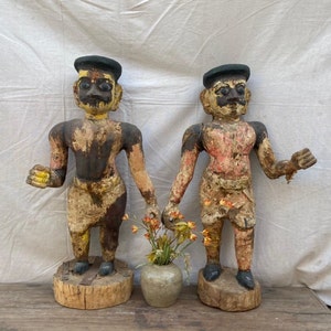 Asian Antique Wooden Pair of village men figures, Rare Old collectible figures, Wooden Indian Human Statue Sculpture.