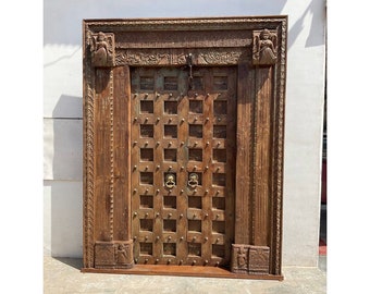 Solid Teak Wood Meticulously Handcrafted Temple Entry Doors, Wooden Vintage Indian Door, Large carved Wall Panel, Antique Carving Doors