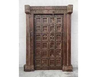 Distressed Wooden Antique Indian Door, Carved Antique Wall Decor Old Door, Ethnic Wall Screen