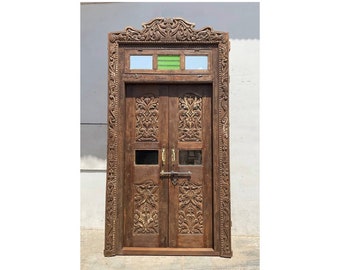 Solid Teak Wood Meticulously Handcrafted Entry Doors, Wooden Vintage Indian Door, Large carved Wall Panel, Antique Carving Doors