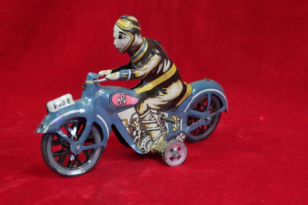 Old Vintage Tin Toy Motorcycle Rider Wind up Friction Bike Toy